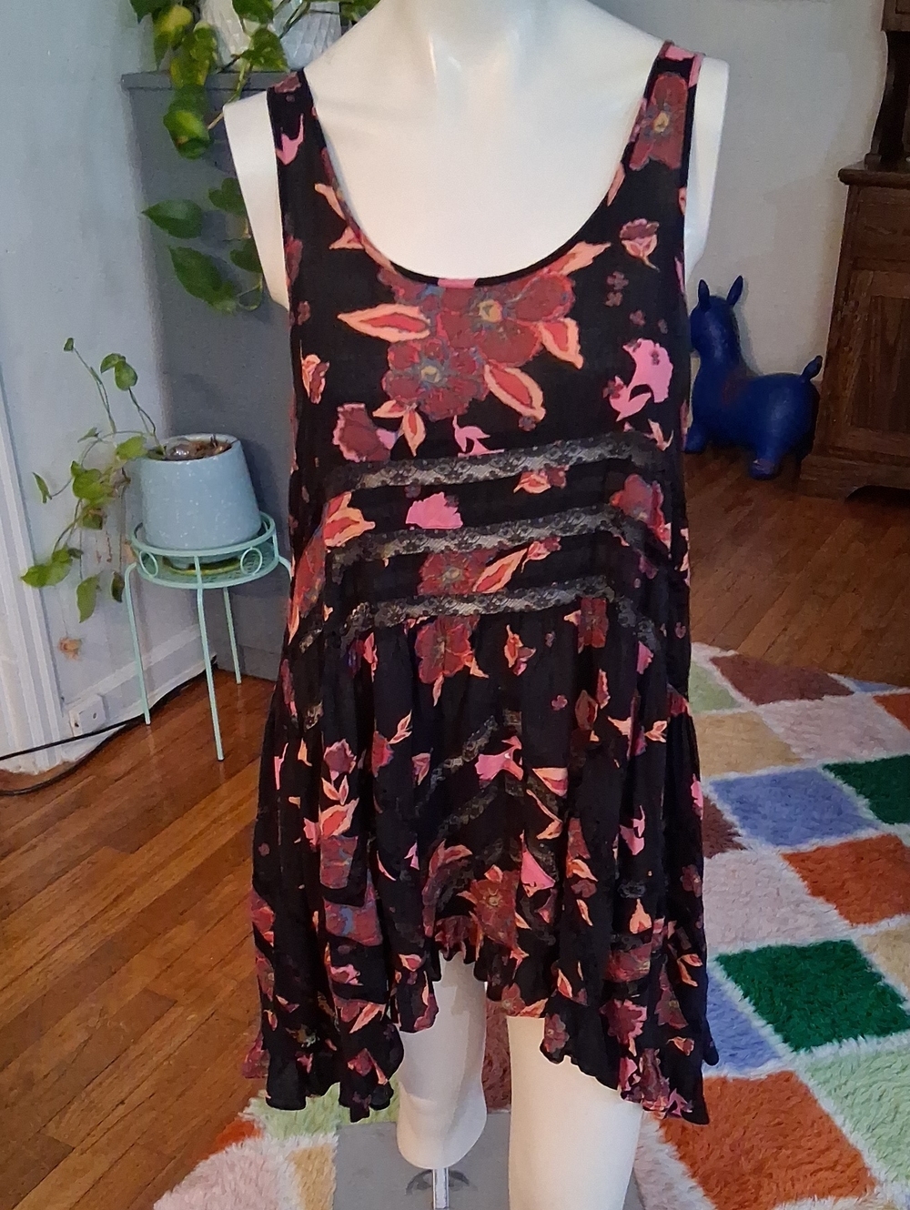 Free People Black Tank Top with Pink and Coral Floral Print